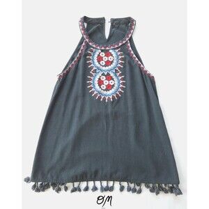 Savannah Jane Embroidered Boho Grey Red Blue Floral Tassel Fringe Halter Top - L